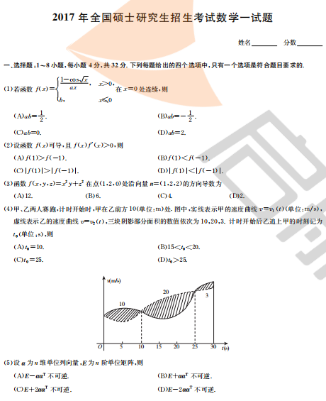 2017年考研数学一真题（附答案）