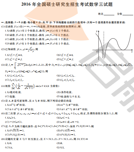 2016年考研数学三真题及答案（完整版）