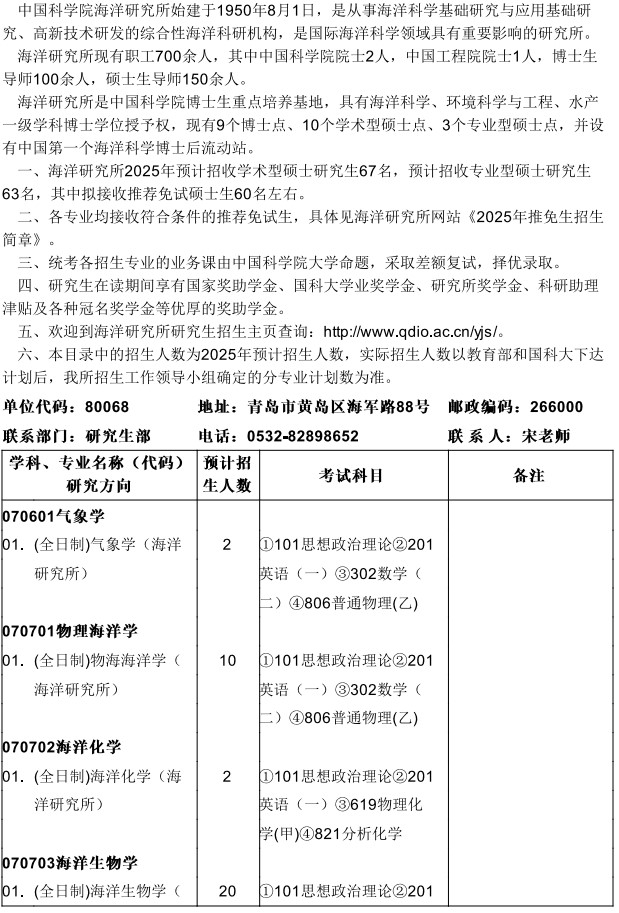 中科院海洋研究所2025年统考硕士招生专业目录