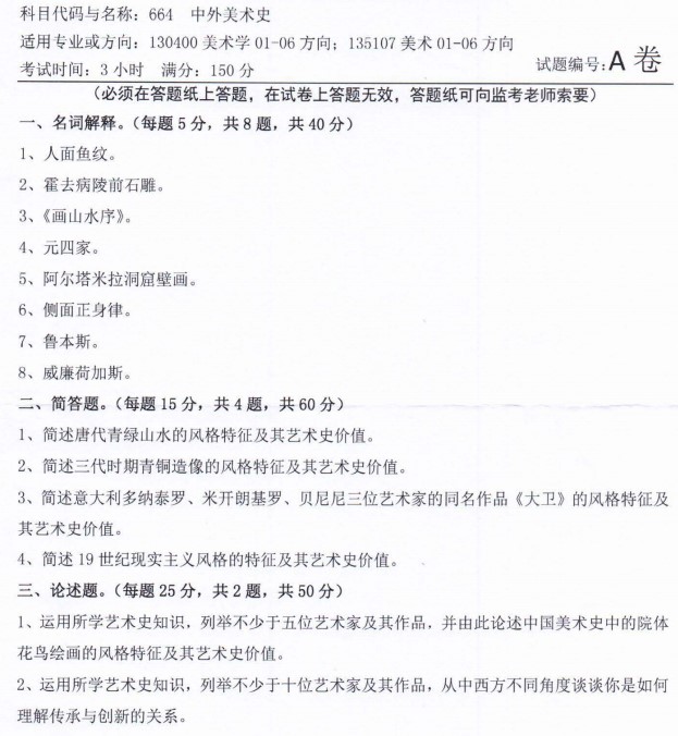 河南师范大学2022年考研真题：664中外美术史