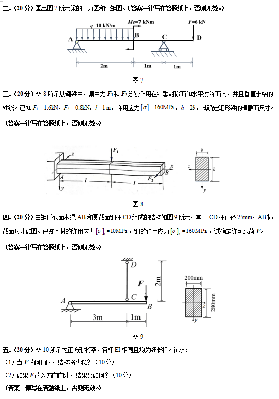 2023年河北科技大学考研试题：824材料力学二