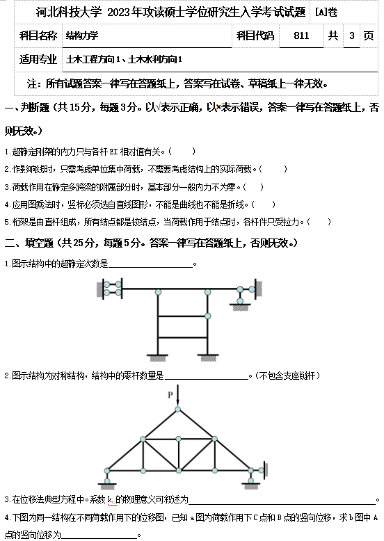 2023年河北科技大学考研试题：811结构力学