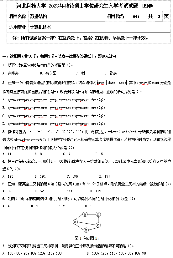 2023年河北科技大学考研试题：847数据结构