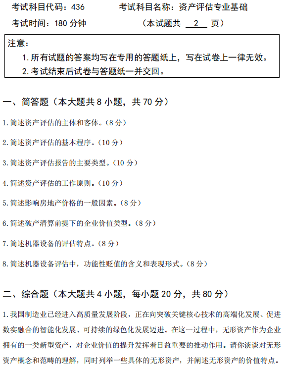 广西科技大学2025年考研真题：436资产评估专业基础