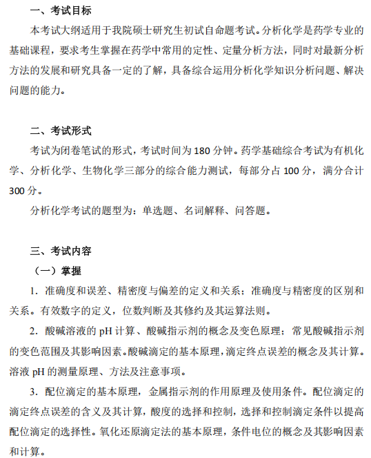 中国医药工业研究总院药学基础综合2026年考研大纲:分析化学