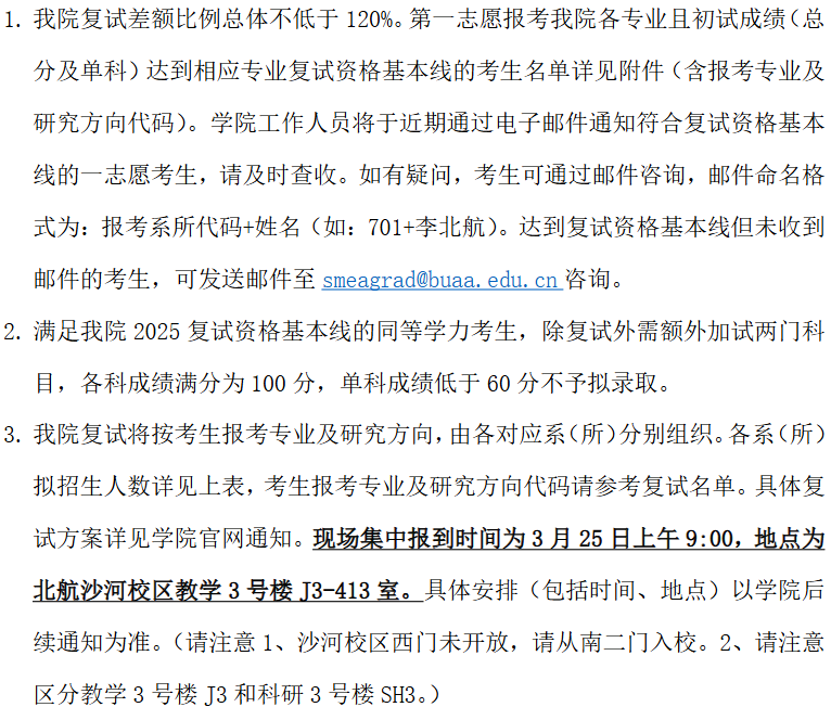 北航机械学院2025年考研分数线