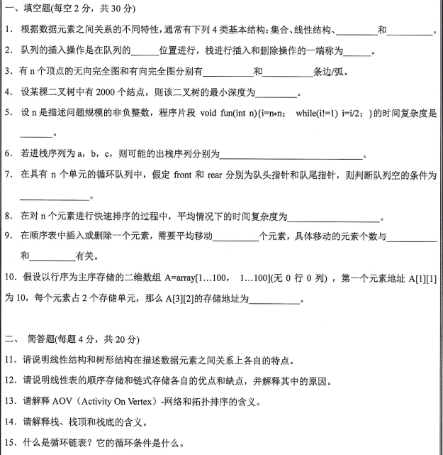 沈阳工业大学数据结构基础2024年考研真题