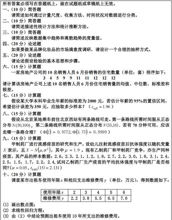 河北工程大学统计学2024年考研真题