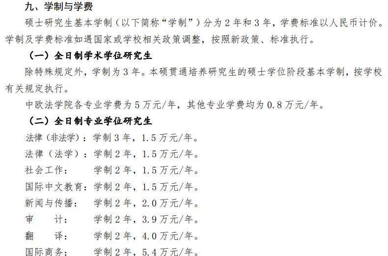 中国政法大学2025年硕士研究生招生学费