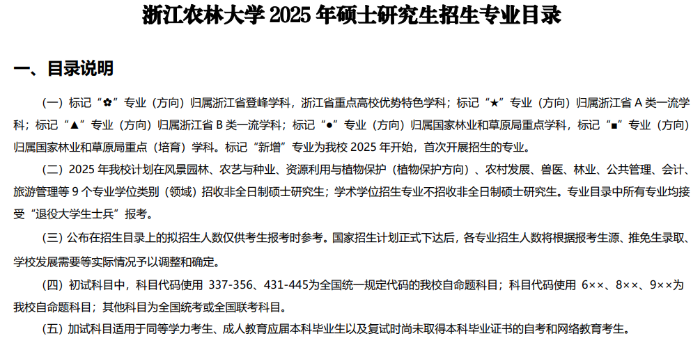 浙江农林大学2025年硕士研究生招生专业目录