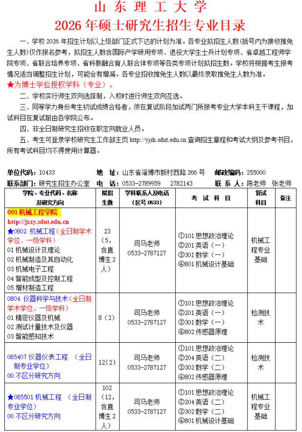 山东理工大学2026年硕士研究生招生专业目录