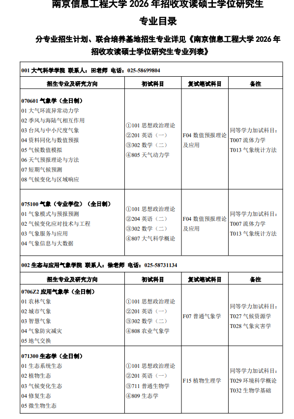 南京信息工程大学2026年招收攻读硕士学位研究生专业目录