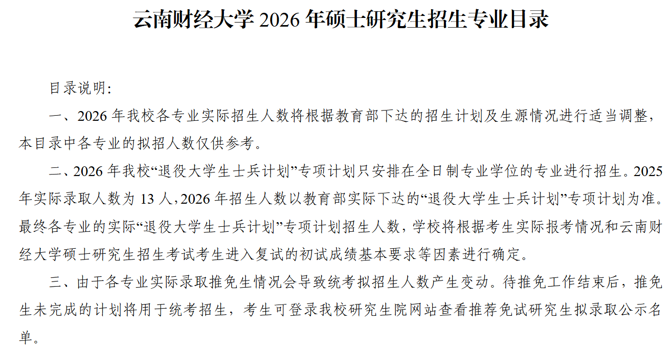 云南财经大学2026年硕士研究生招生专业目录