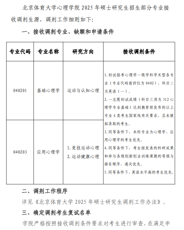 北京体育大学心理学院2025年硕士研究生调剂工作细则