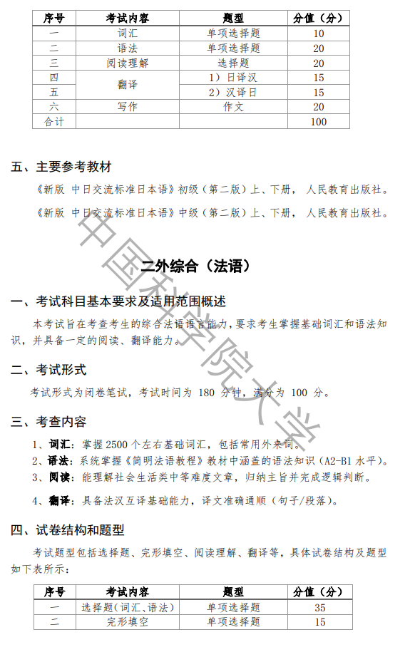 中国科学院大学2026年硕士研究生二外综合(日/法/德)考试大纲