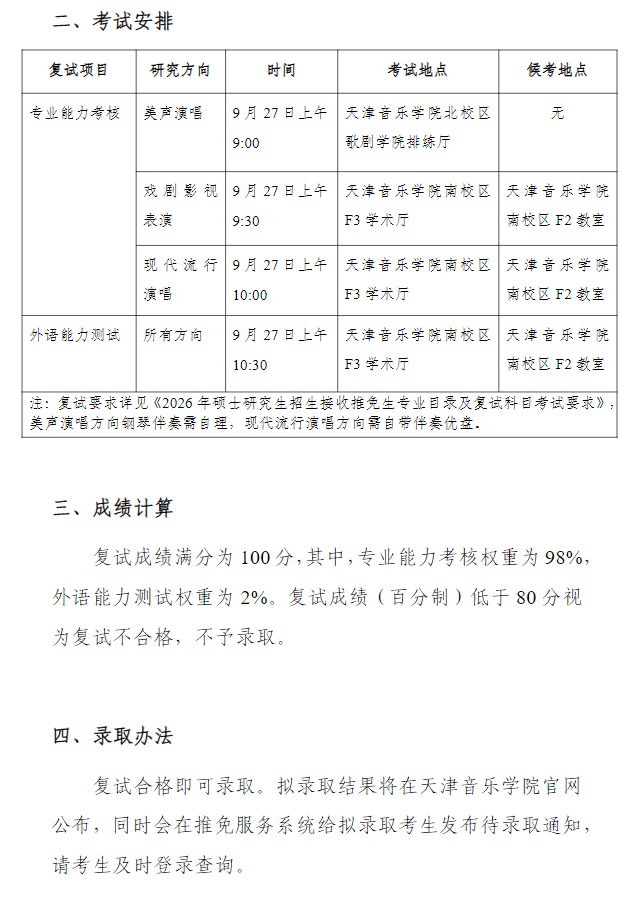 天津音乐学院2026年接收硕士推免生复试通知