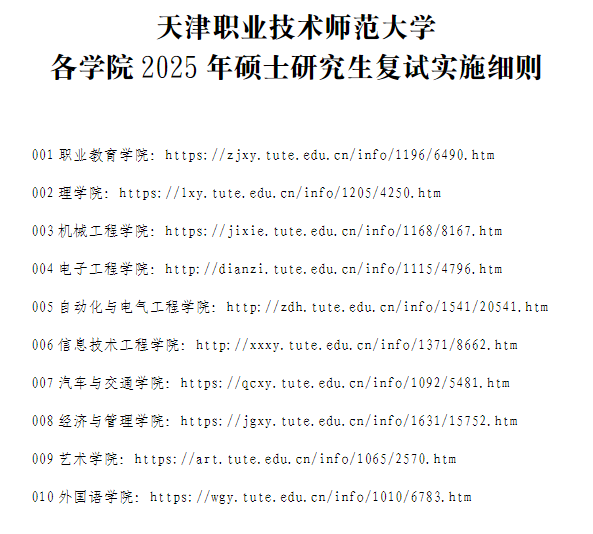 天津职业技术师范大学各学院2025年硕士研究生复试实施细则