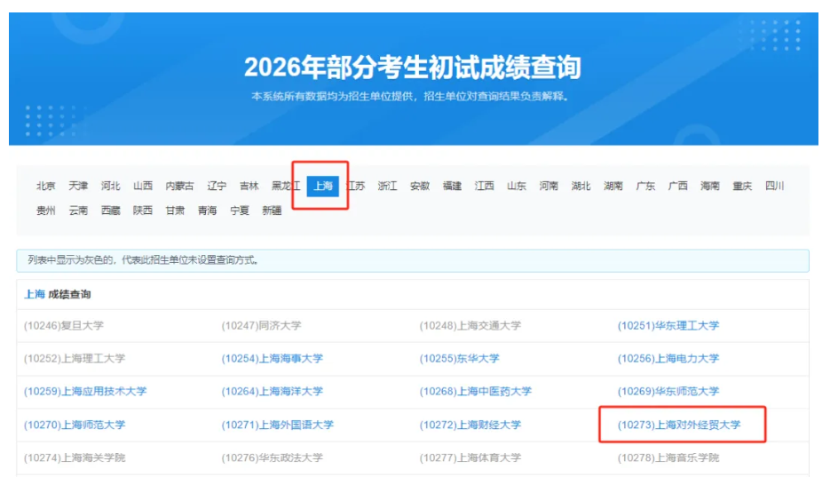 上海对外经贸大学考研初试成绩查询