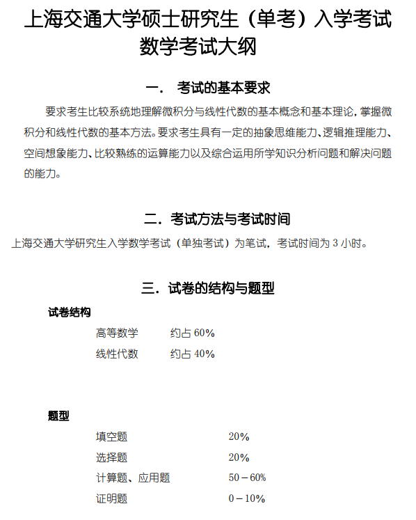 上海交通大学2026年硕士研究生强军计划单独考试数学考试大纲