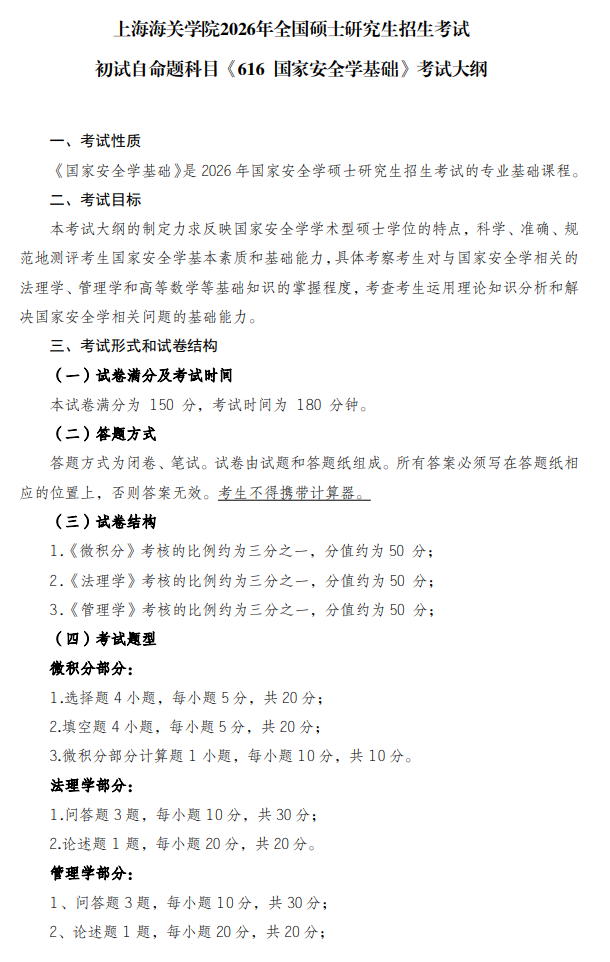 上海海关学院2026年全国硕士研究生招生考试初试《616国家安全学基础》考试大纲