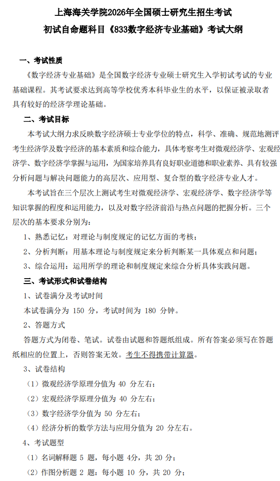 上海海关学院2026年全国硕士研究生招生考试初试《833数字经济专业基础》考试大纲
