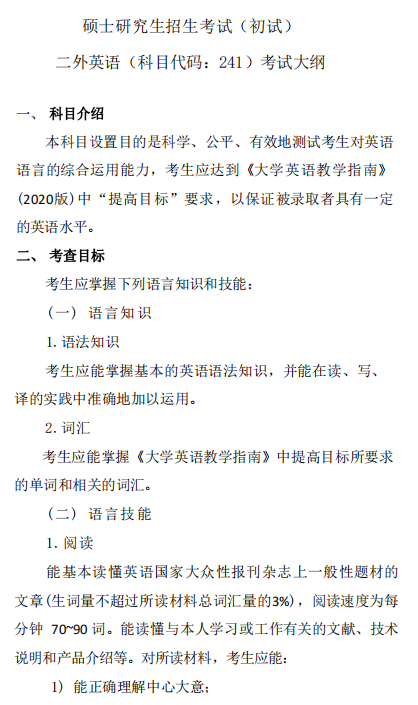 上海师范大学硕士研究生招生考试(初试)二外英语考试大纲