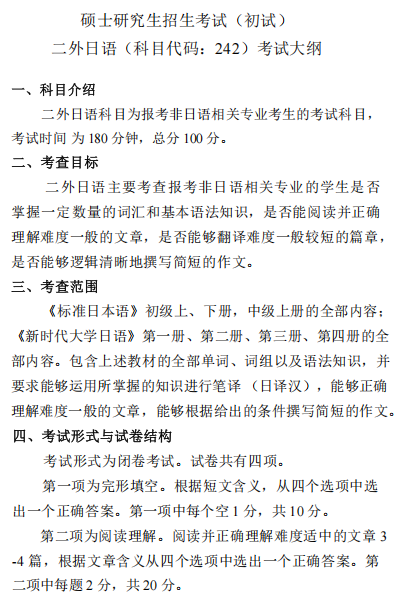 上海师范大学2026年招生考试(初试)二外日语考试大纲