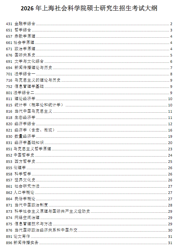 上海社会科学院2026年硕士研究生招生考试大纲