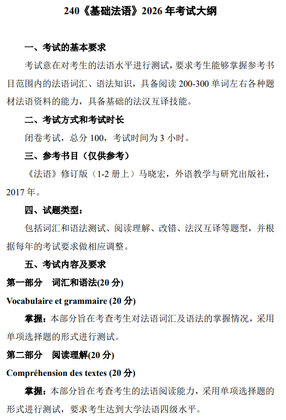 南京工业大学硕士研究生2026年基础法语考试大纲