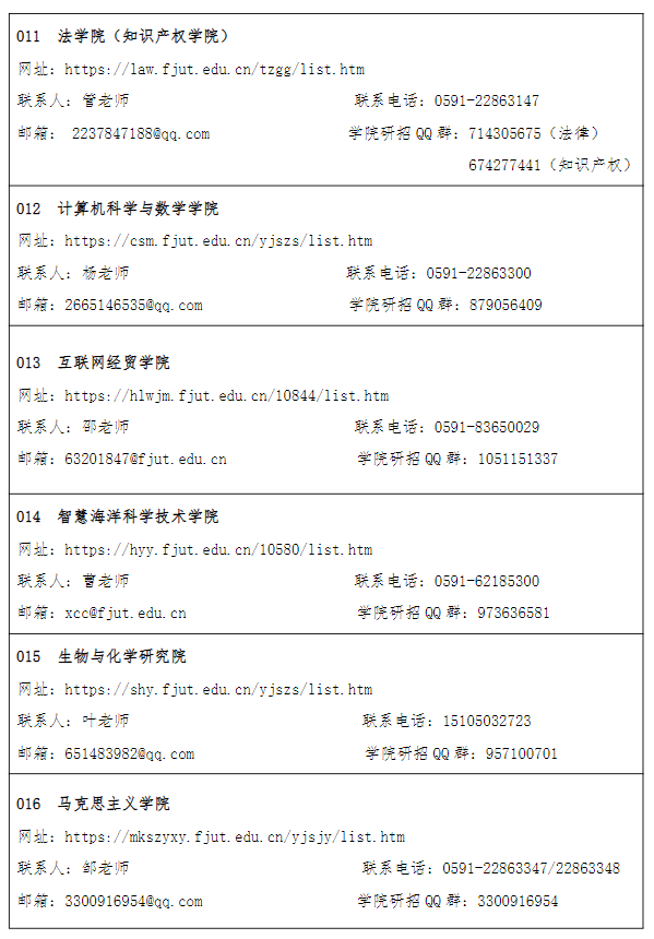 福建理工大学2026年硕士研究生招生学院联系方式一览表