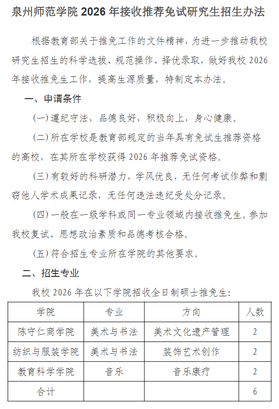 泉州师范学院2026年接收推荐免试研究生招生办法