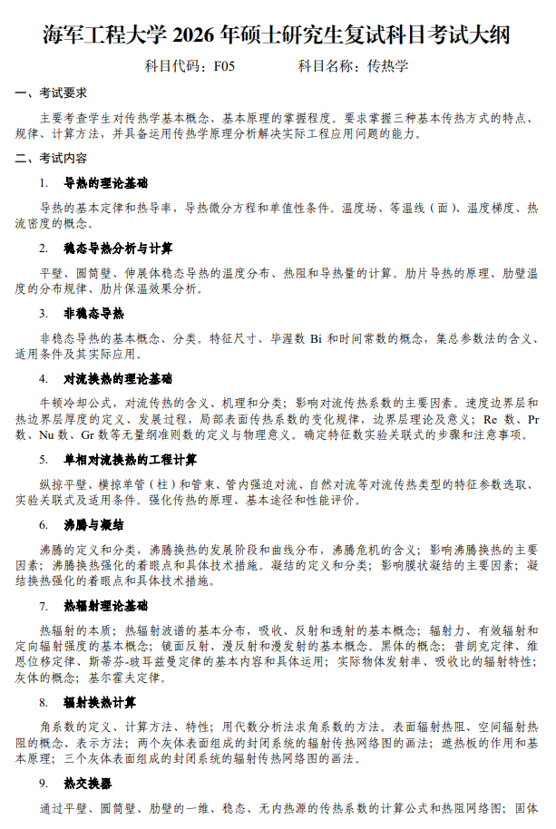 海军工程大学2026年硕士研究生招生复试科目考试大纲-传热学