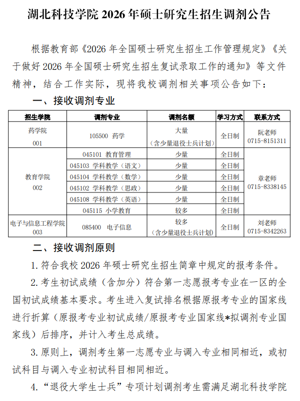 湖北科技学院2026年硕士研究生招生调剂公告