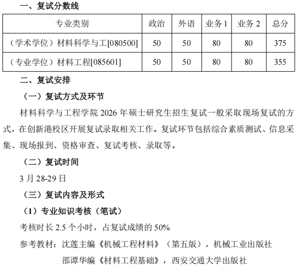 西安交通大学材料科学与工程学院2026年考研复试分数线