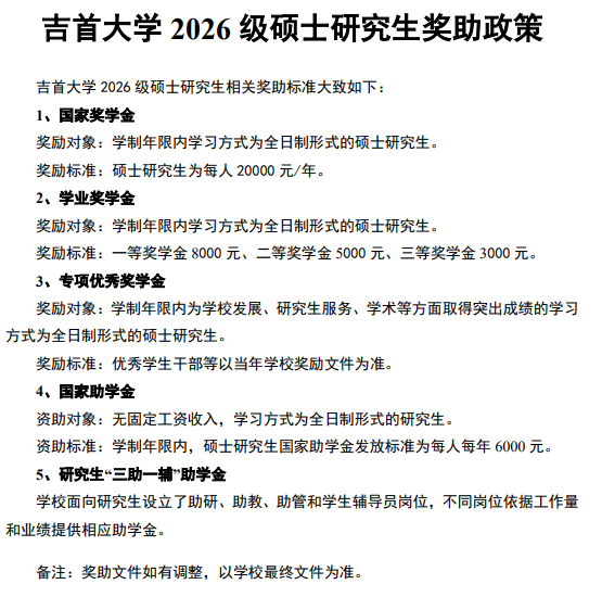 吉首大学2026级硕士研究生奖助政策