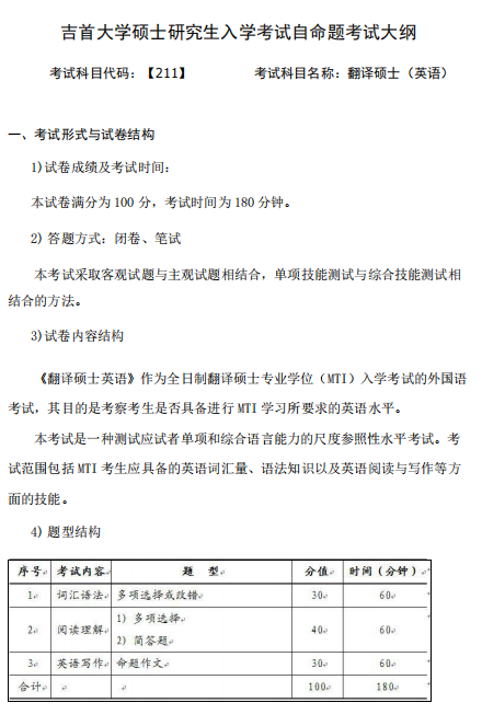 吉首大学2026年硕士研究生入学考试自命题考试大纲-翻译硕士英语