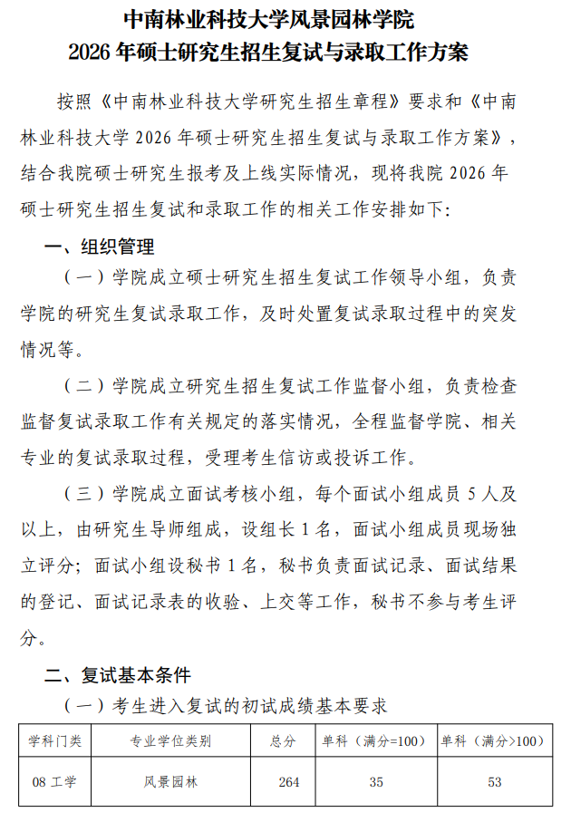 中南林业科技大学风景园林学院2026年硕士研究生招生复试与录取工作方案