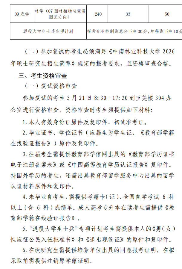中南林业科技大学风景园林学院2026年硕士研究生招生复试与录取工作方案