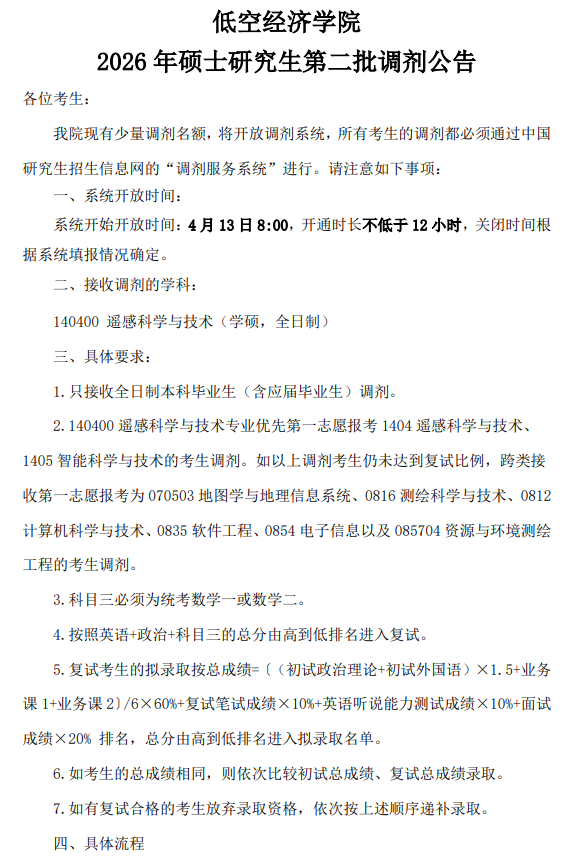 低空经济学院2026年硕士研究生第二批调剂公告