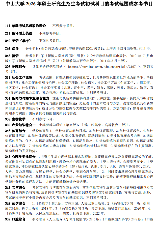 中山大学2026年硕士研究生招生考试初试科目的考试范围或参考书目