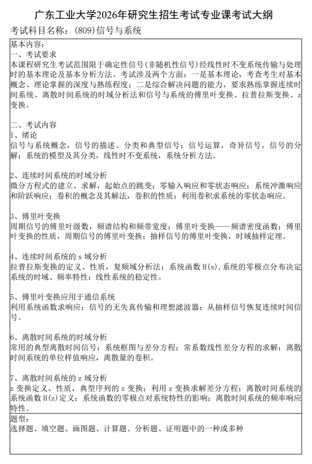 广东工业大学2026年硕士研究生招生自命题考试大纲-信号与系统