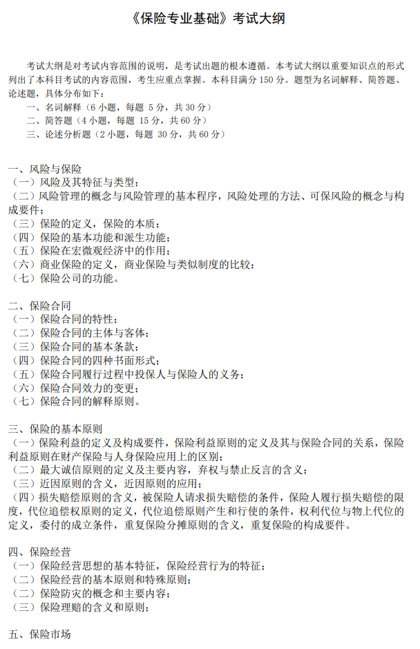 广东金融学院2026年硕士研究生招生考试大纲-保险专业基础