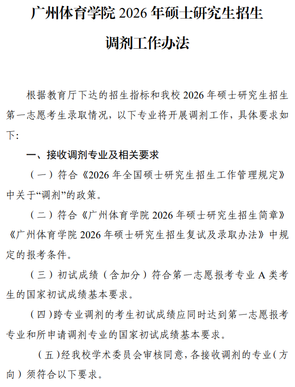 广州体育学院2026年硕士研究生招生调剂工作办法