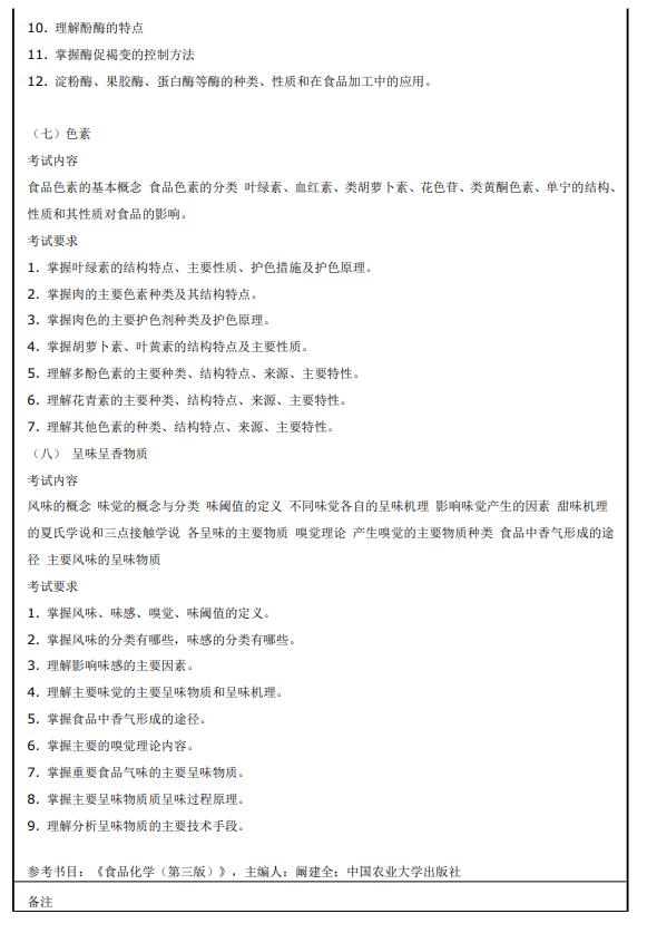 华南农业大学2026年硕士研究生初试科目考试大纲-食品化学