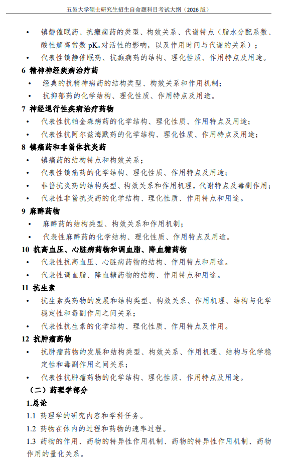 五邑大学2026年硕士研究生招生自命题科目考试大纲-药物综合一