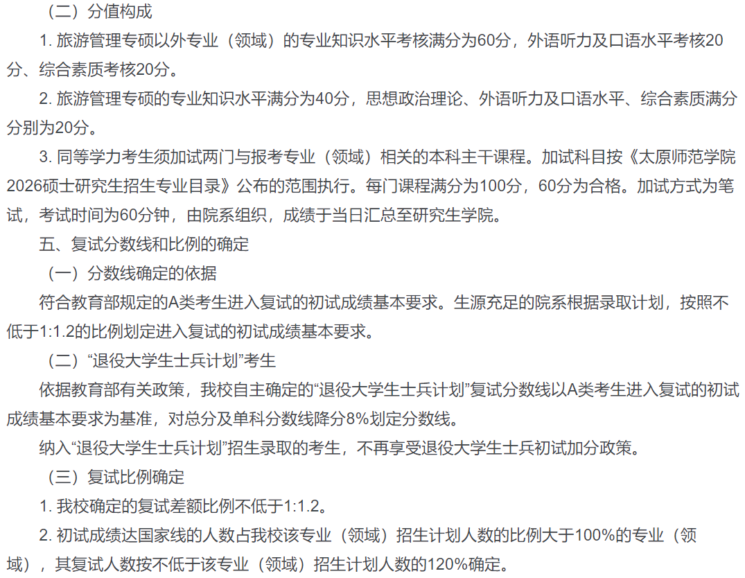 太原师范学院2026年硕士研究生复试录取工作方案