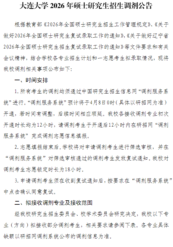 大连大学2026年硕士研究生招生调剂公告