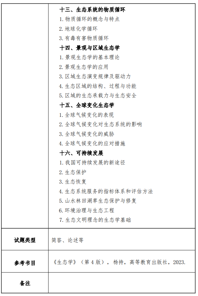 大连民族大学2026年硕士研究生招生考试大纲-生态学