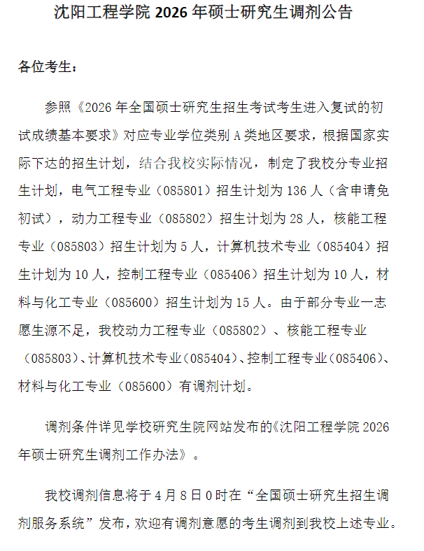 沈阳工程学院2026年硕士研究生调剂公告