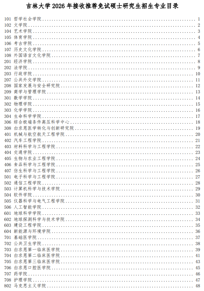 吉林大学2026年接收推荐免试硕士研究生招生专业目录